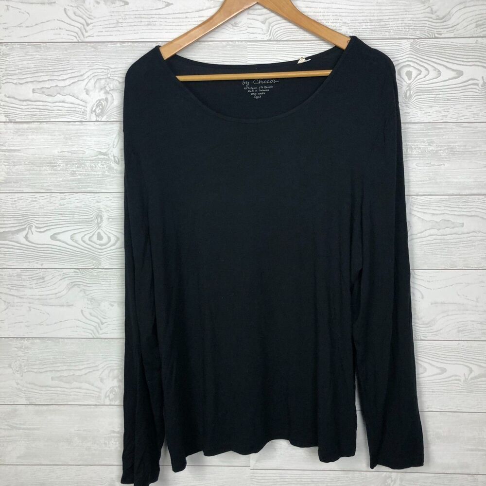 Chico's Women's Size 3/XL Long Sleeve Scoop Neck Tee Shirt Solid Black Casual